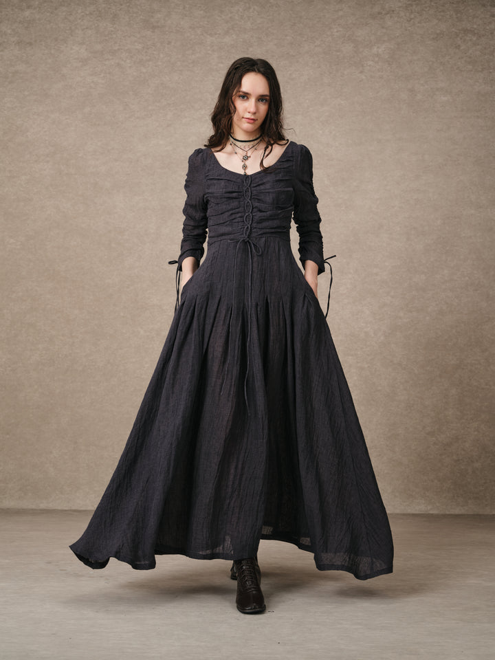 Emma 11 | Lace-Up Ruched Linen Maxi Dress