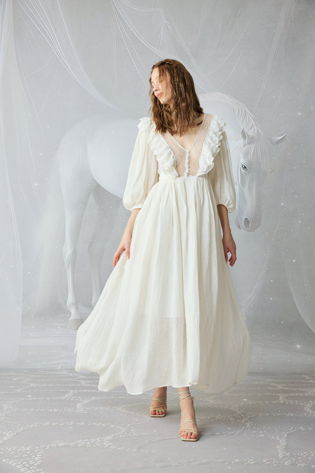 linen puff sleeve dress Aurora in midi length Ties on the front & Other Stories + Puff