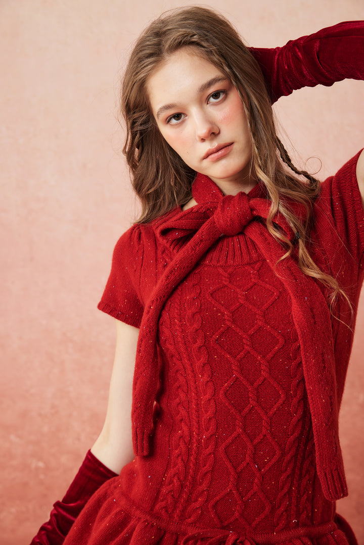 Lilypond 13 | 100% Wool Cable Knit Tiered Dress with scarf