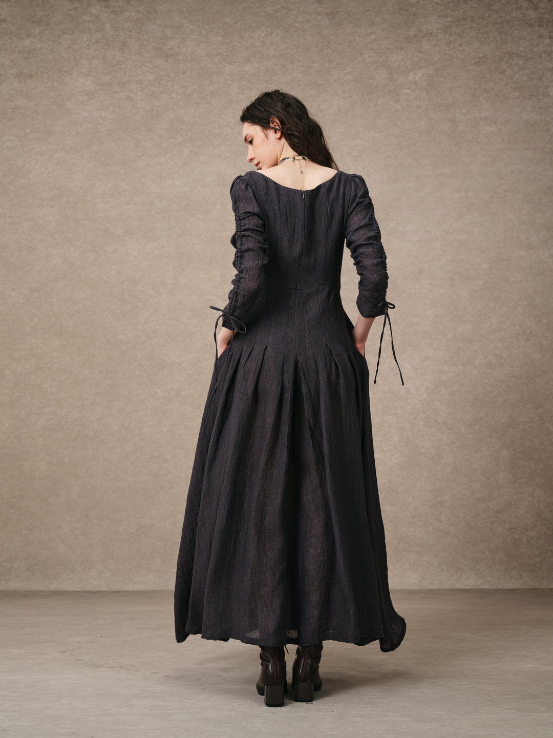 Emma 11 | Lace-Up Ruched Linen Maxi Dress