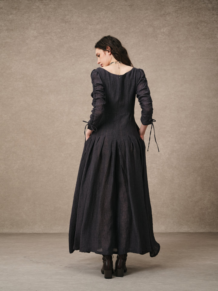 Emma 11 | Lace-Up Ruched Linen Maxi Dress