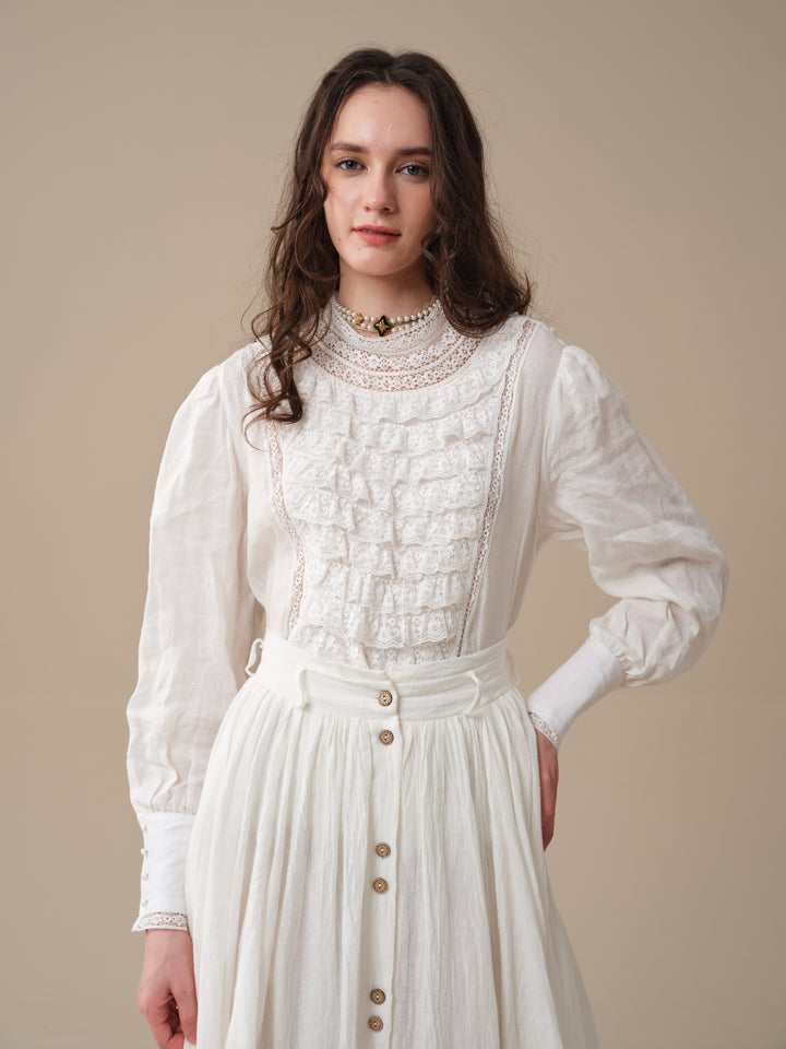 Stella 06 | Ruffled High-Neck Linen Blouse