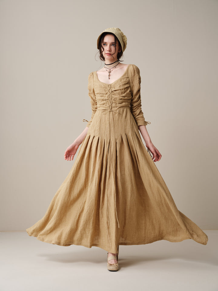 Emma 11 | Lace-Up Ruched Linen Maxi Dress