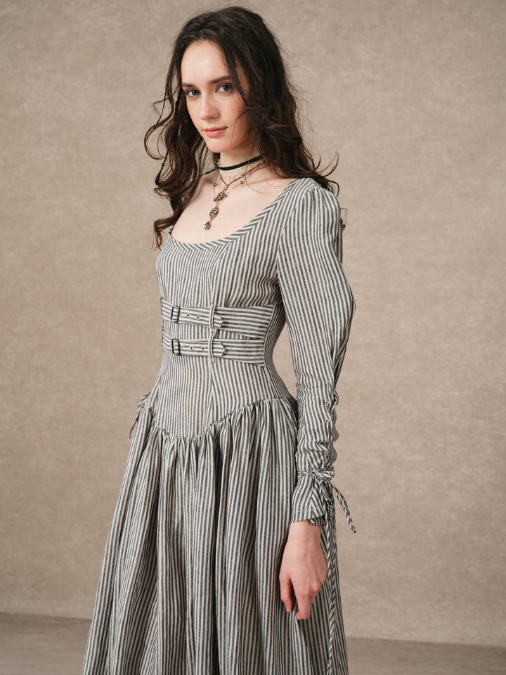 Clara 08 | Buckled Corset Striped Linen Dress
