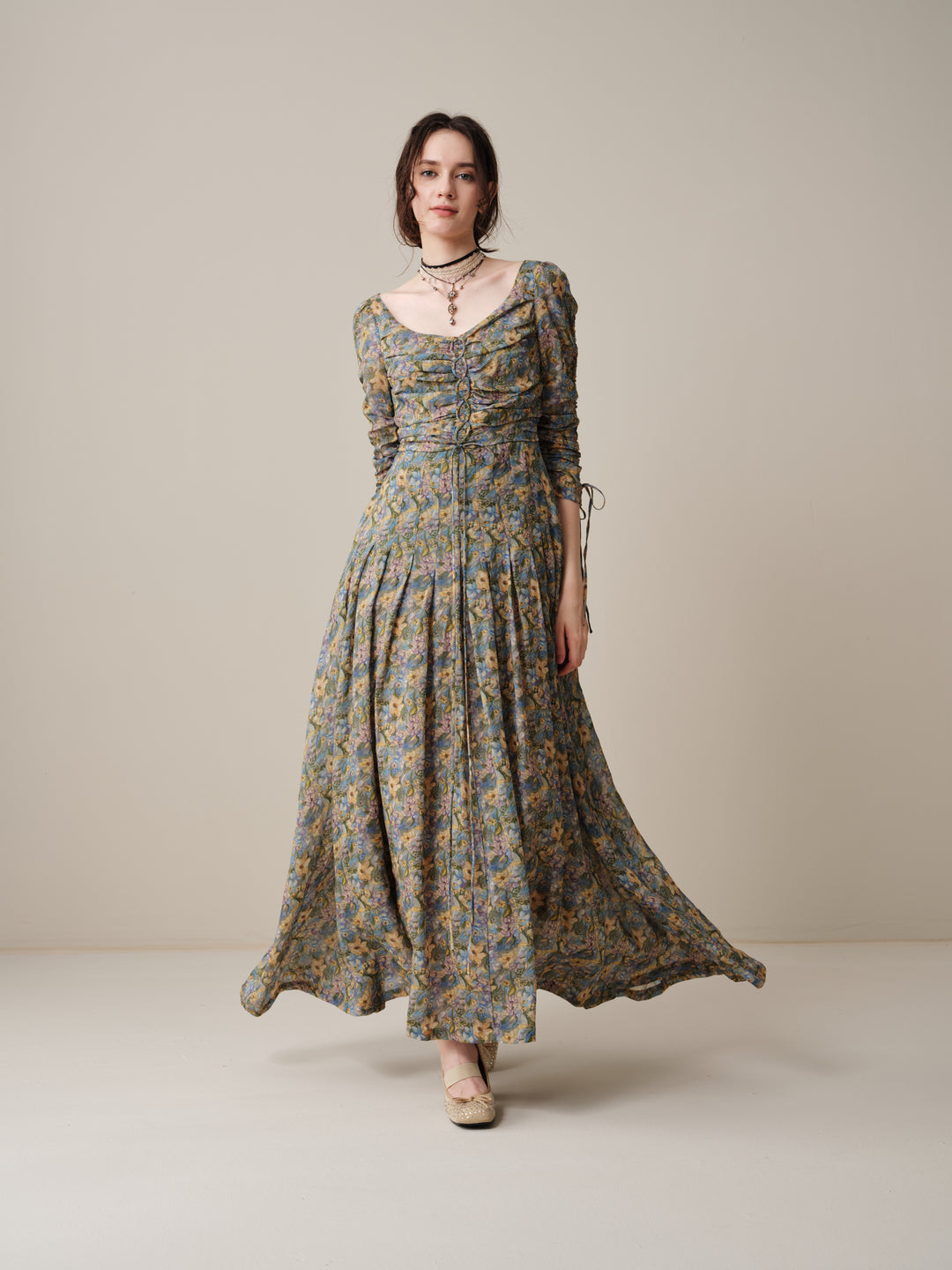 Emma 11 | Lace-Up Ruched Linen Maxi Dress