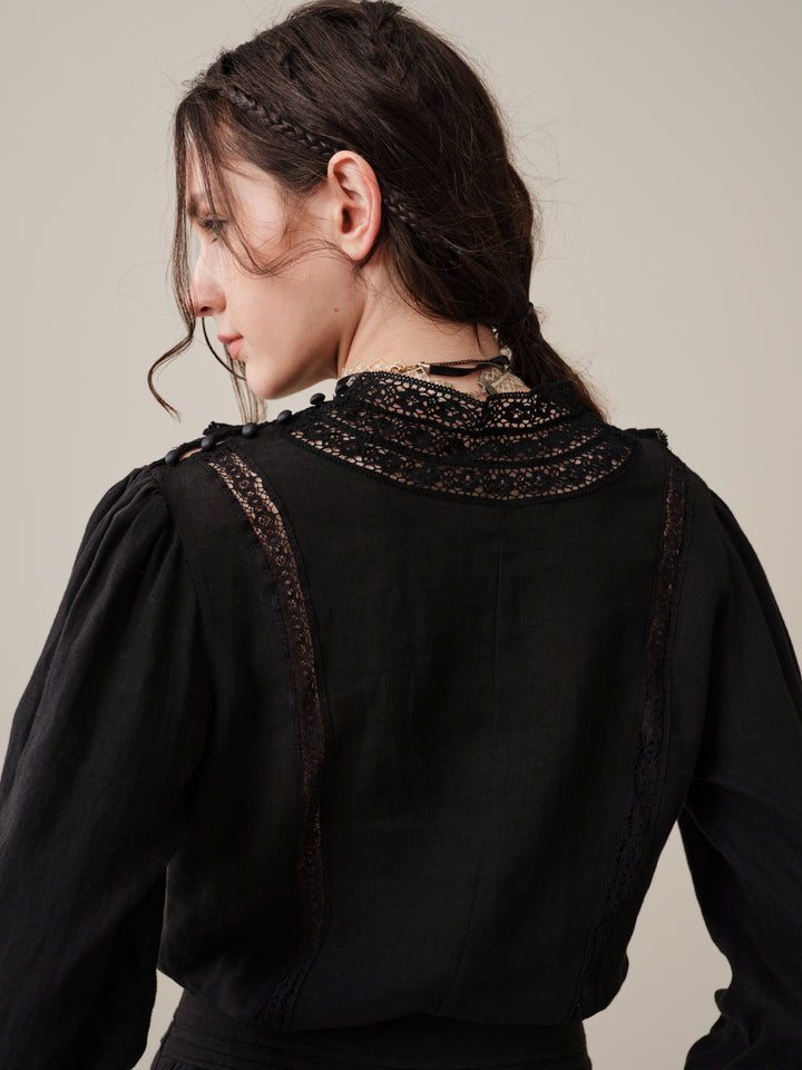 Stella 06 | Ruffled High-Neck Linen Blouse