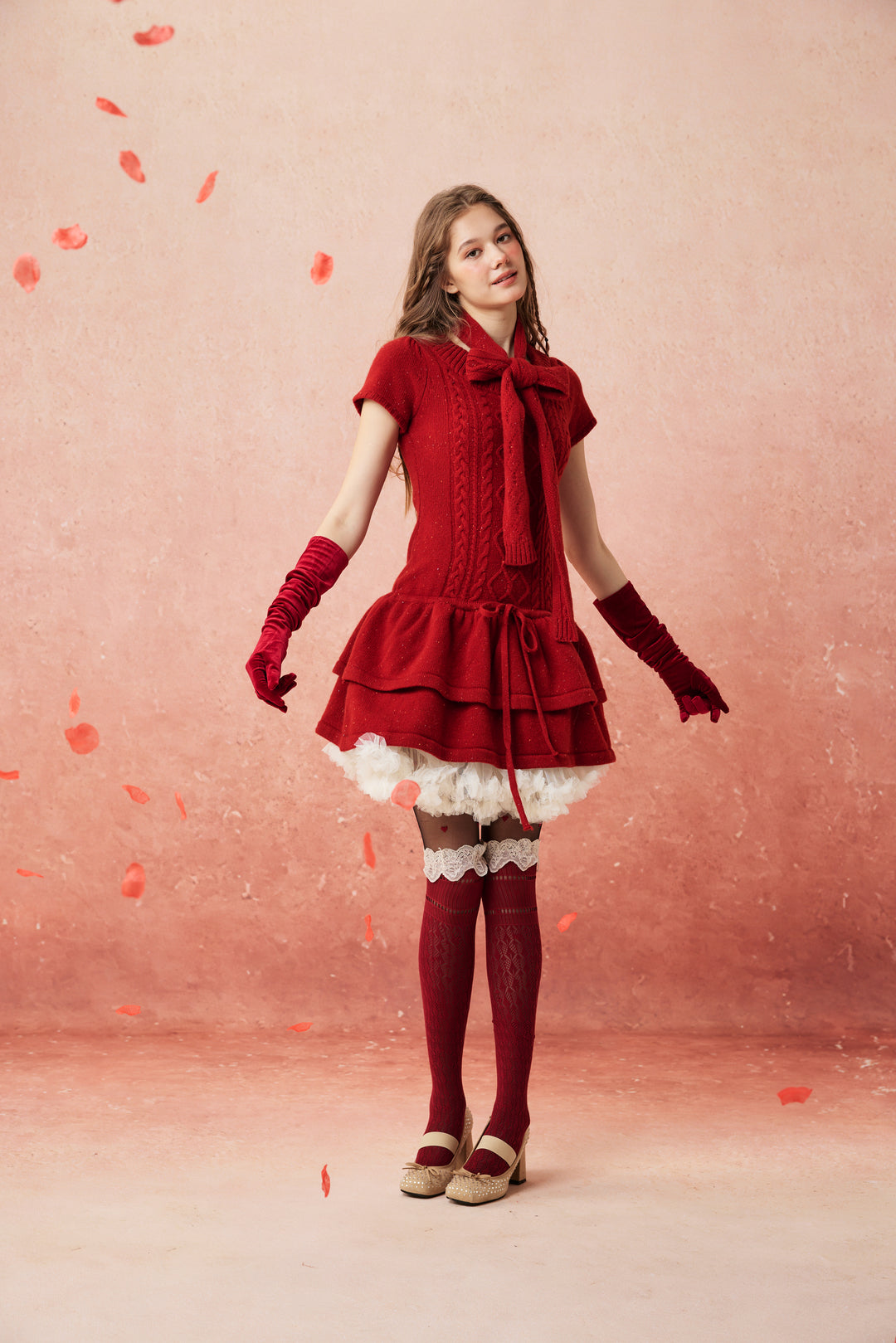 Lilypond 13 | 100% Wool Cable Knit Tiered Dress with scarf