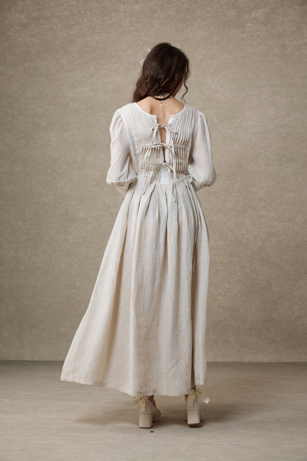 Eliana 15 | Pintucked Patchwork Linen Dress Off-White / XL Eliana 15 | Pintucked Patchwork Linen Dress Off-White / XL