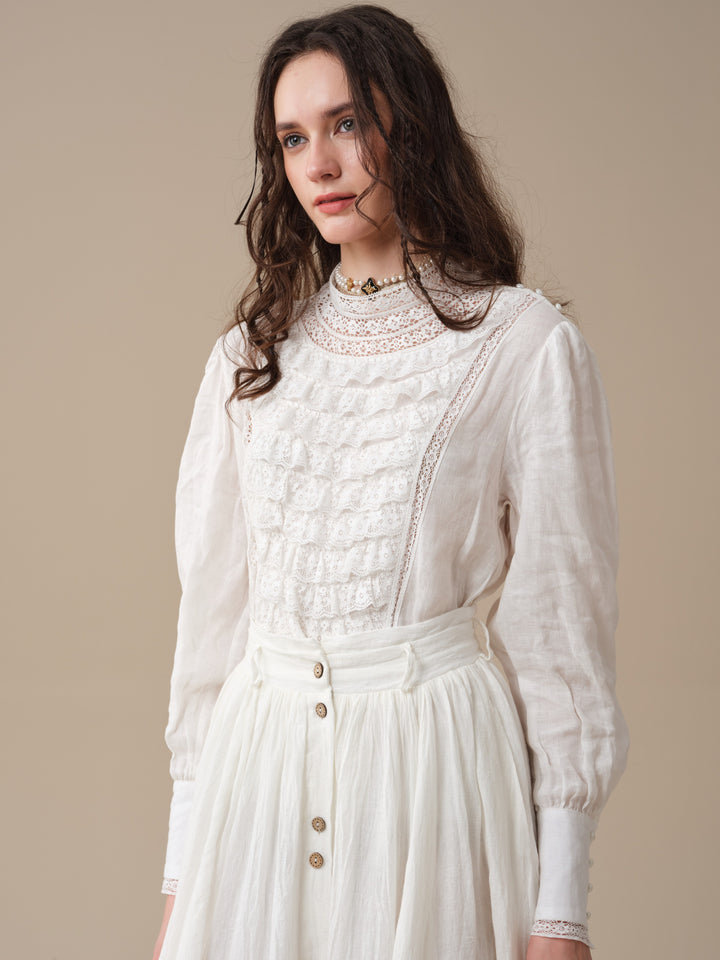 Stella 06 | Ruffled High-Neck Linen Blouse