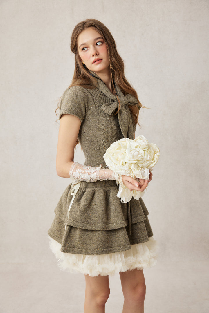 Lilypond 13 | 100% Wool Cable Knit Tiered Dress with scarf