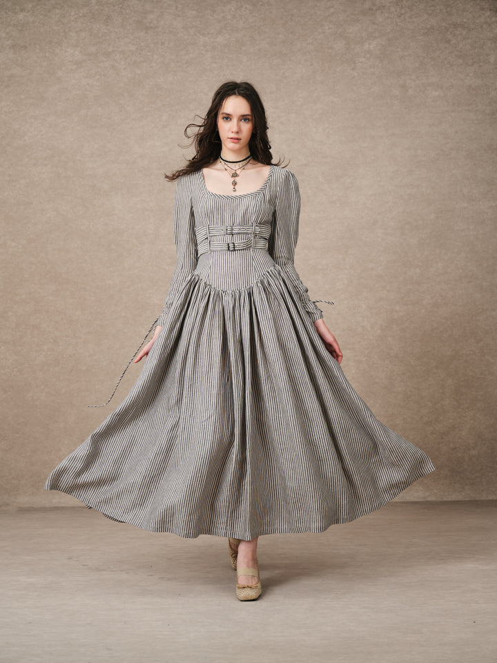 Clara 08 | Buckled Corset Striped Linen Dress