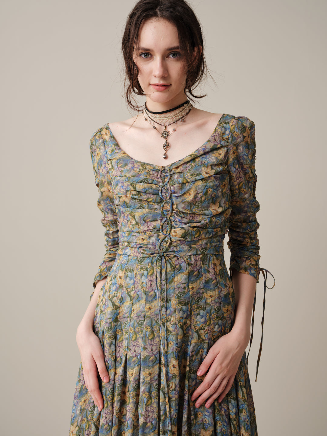Emma 11 | Lace-Up Ruched Linen Maxi Dress