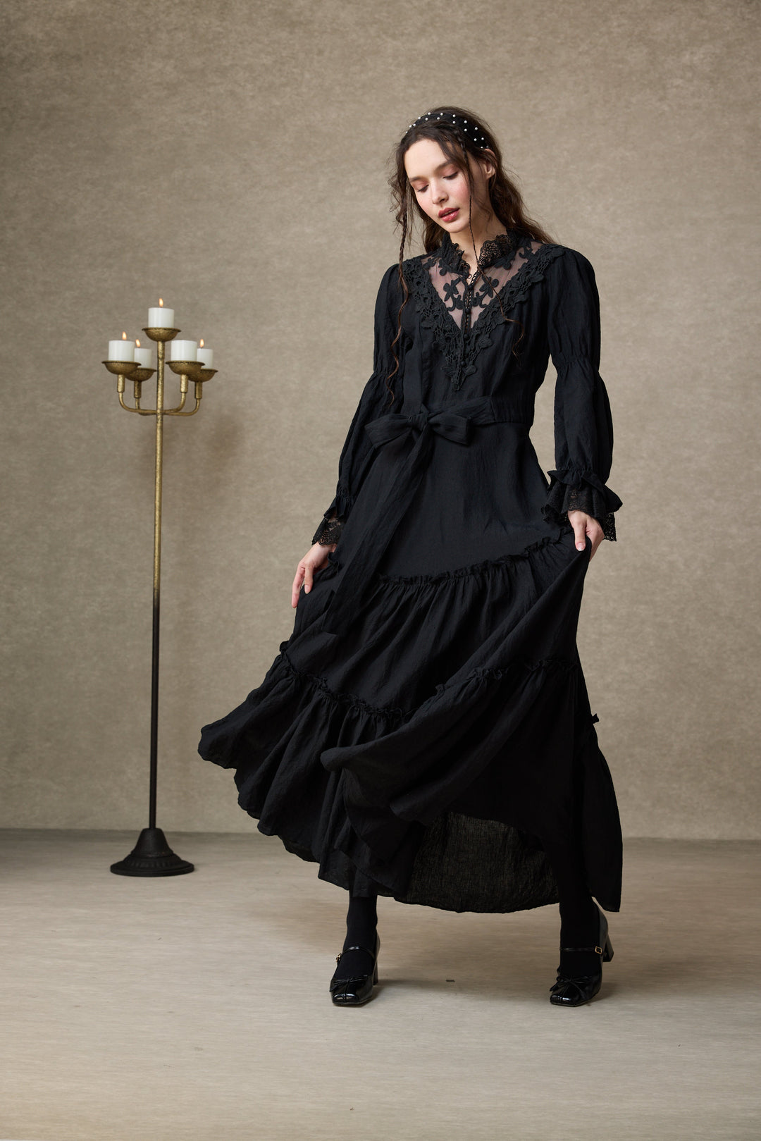 long black linen dress Kerra Smocked Linen Maxi Dress