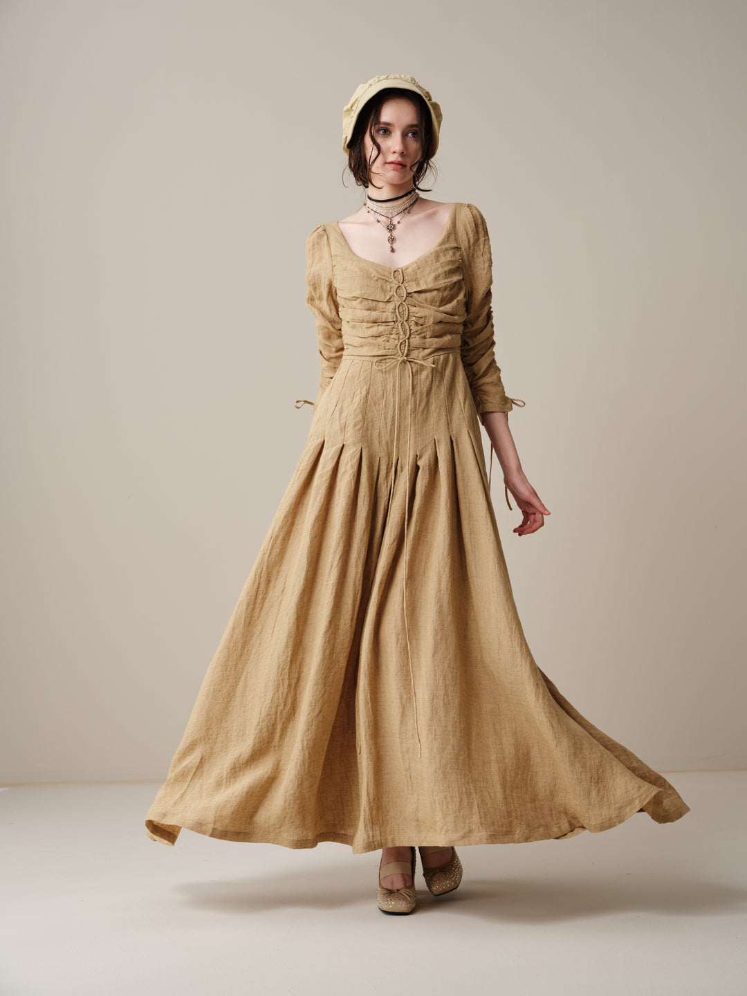Emma 11 | Lace-Up Ruched Linen Maxi Dress
