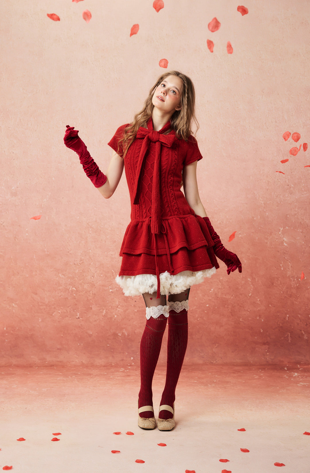 Lilypond 13 | 100% Wool Cable Knit Tiered Dress with scarf