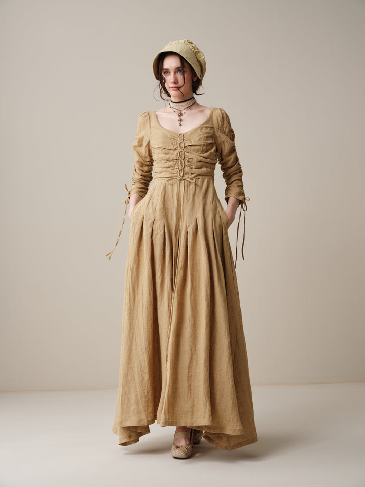 Emma 11 | Lace-Up Ruched Linen Maxi Dress
