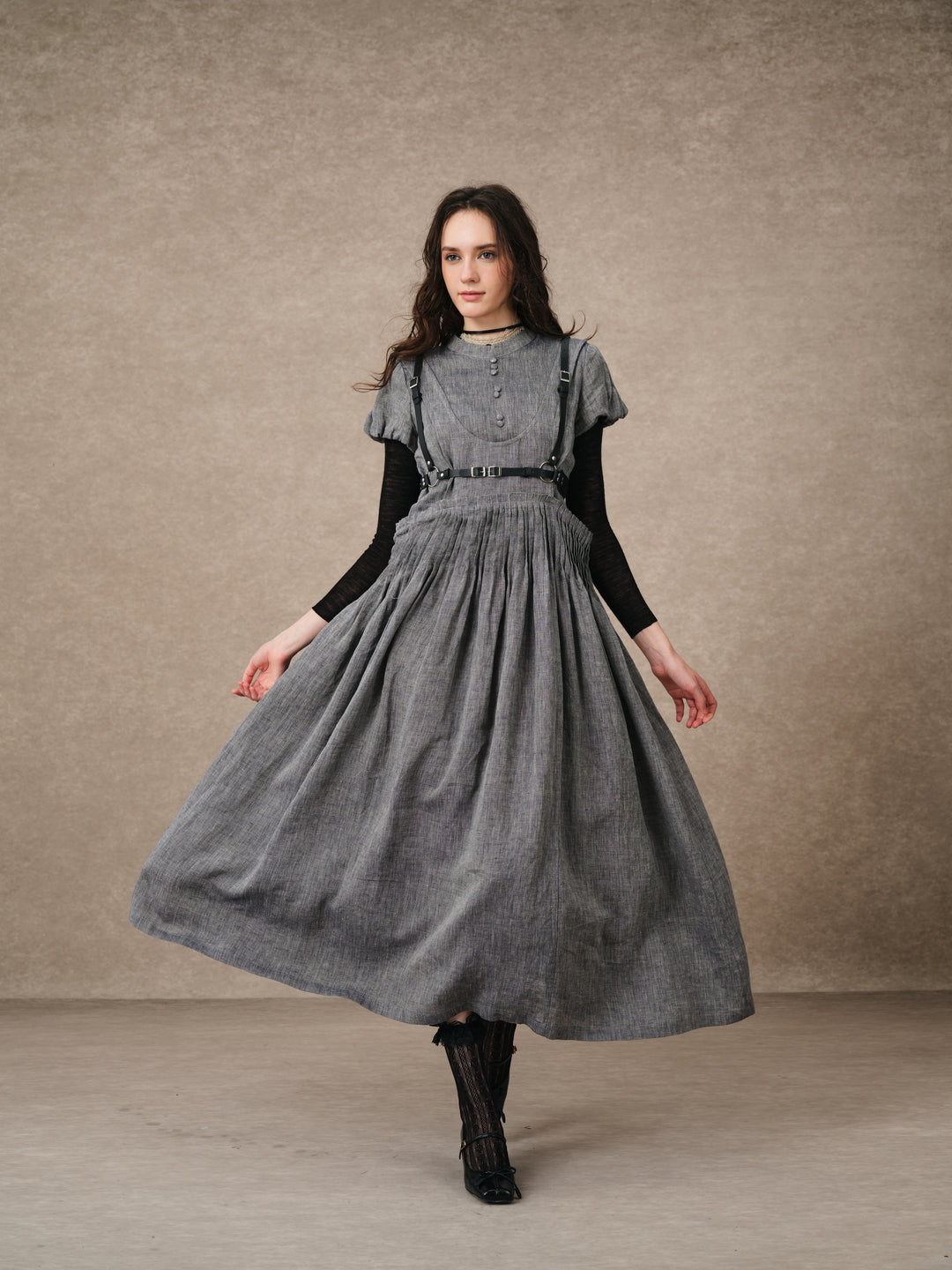 Thistle 09 | Smocked Bib Linen Midi Dress