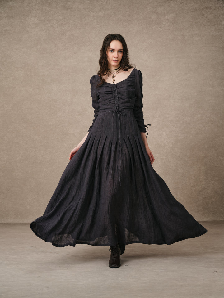 Emma 11 | Lace-Up Ruched Linen Maxi Dress