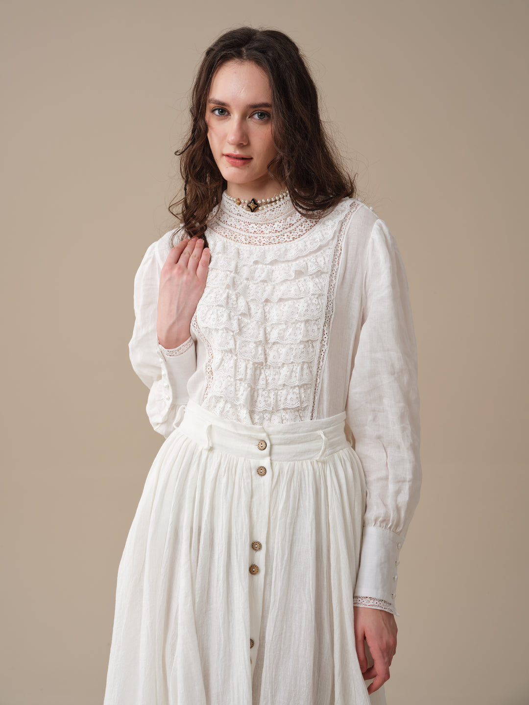 Stella 06 | Ruffled High-Neck Linen Blouse