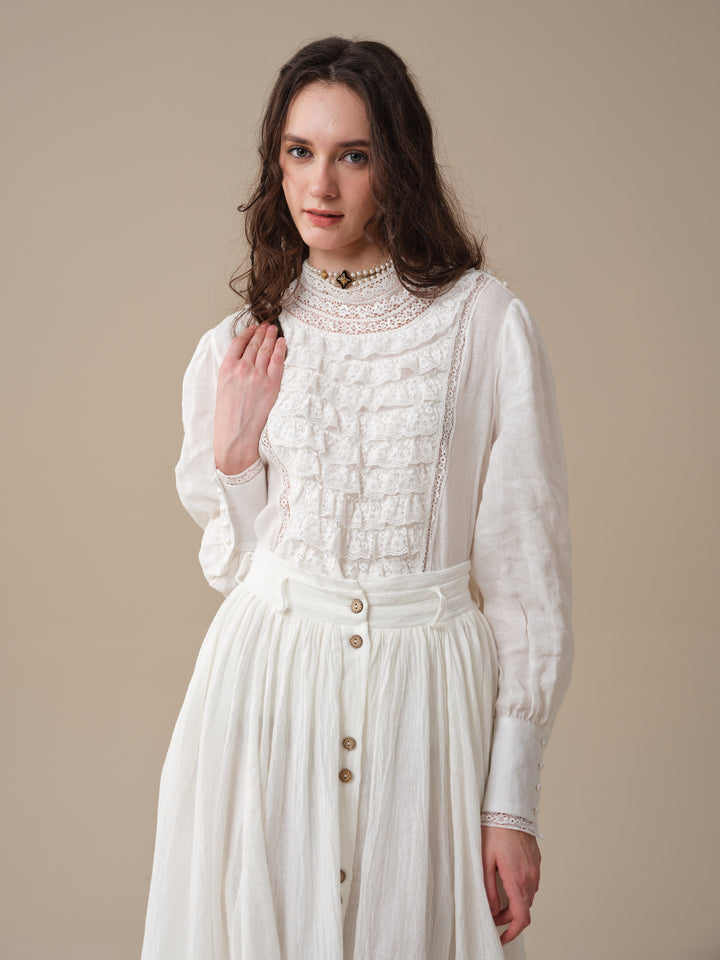 Stella 06 | Ruffled High-Neck Linen Blouse