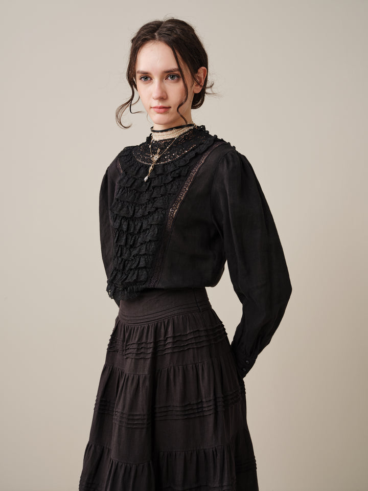 Stella 06 | Ruffled High-Neck Linen Blouse
