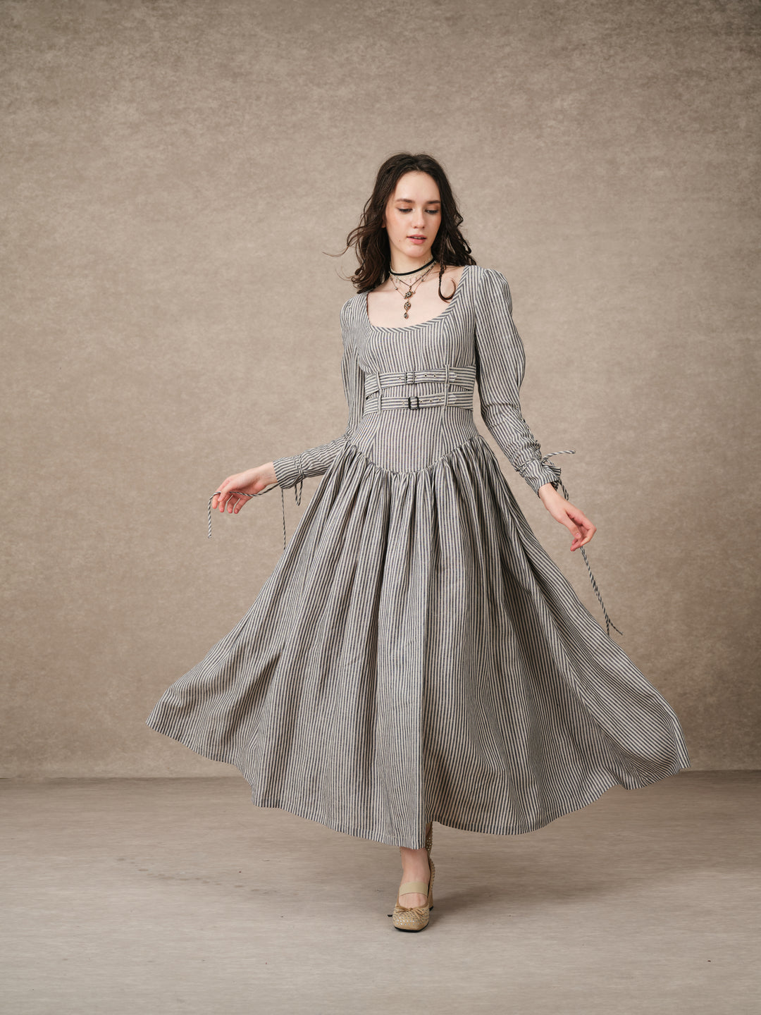 Clara 08 | Buckled Corset Striped Linen Dress