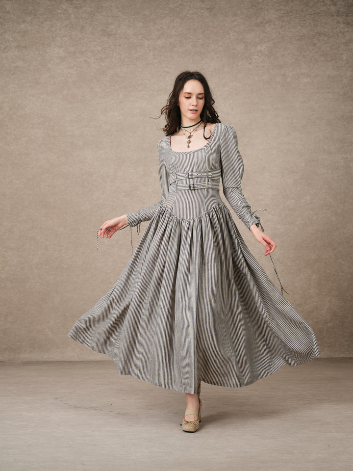 Clara 08 | Buckled Corset Striped Linen Dress