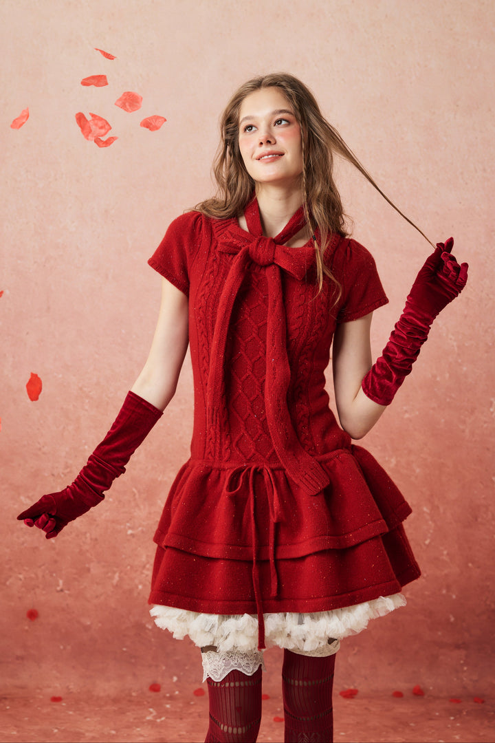 Lilypond 13 | 100% Wool Cable Knit Tiered Dress with scarf