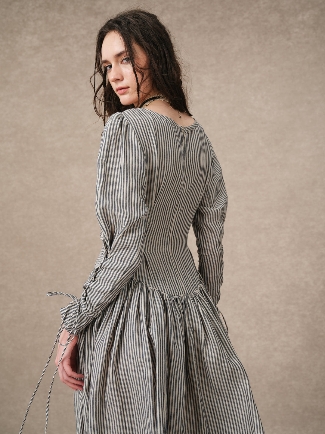 Clara 08 | Buckled Corset Striped Linen Dress