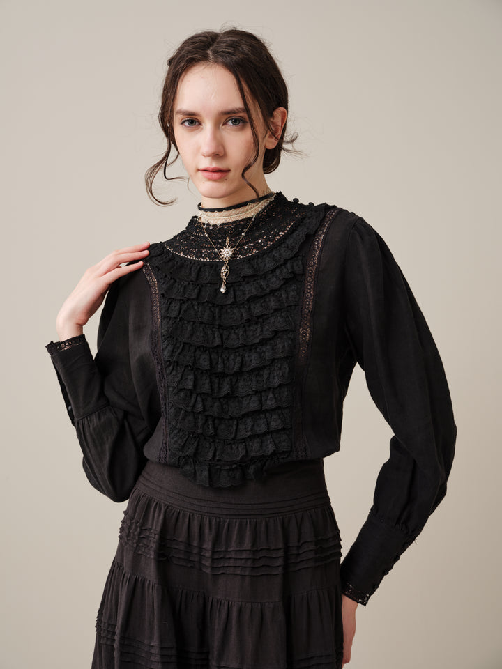 Stella 06 | Ruffled High-Neck Linen Blouse