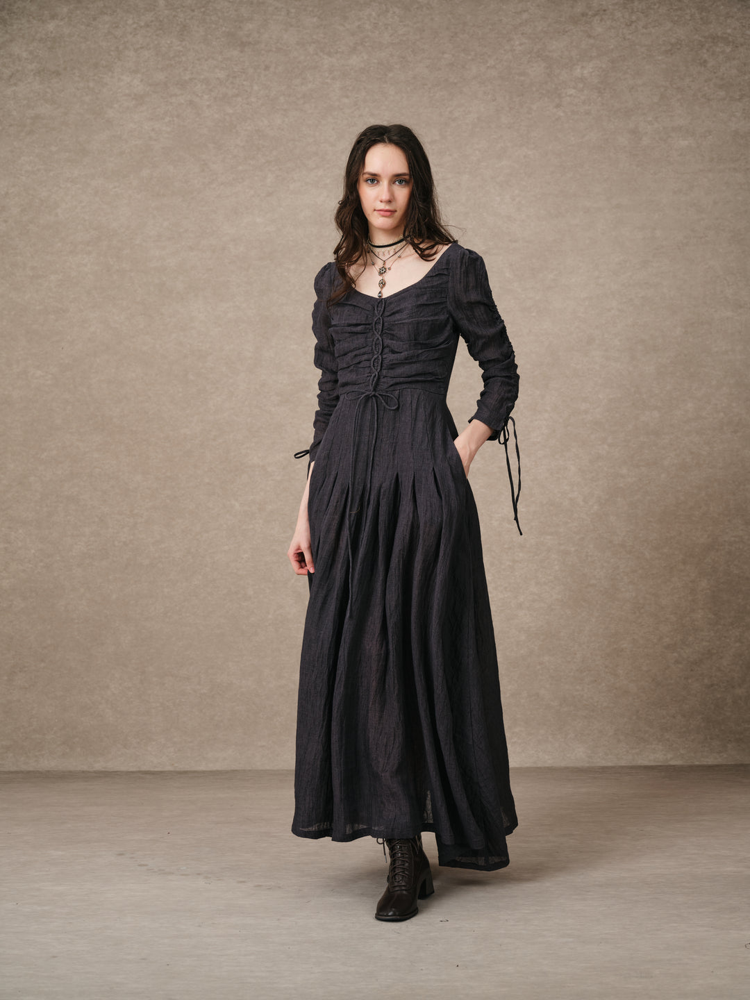 Emma 11 | Lace-Up Ruched Linen Maxi Dress