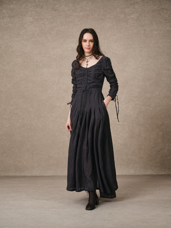 Emma 11 | Lace-Up Ruched Linen Maxi Dress