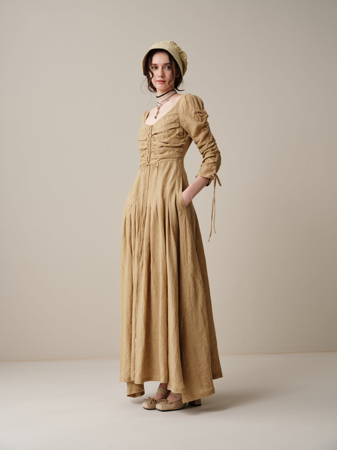 Emma 11 | Lace-Up Ruched Linen Maxi Dress