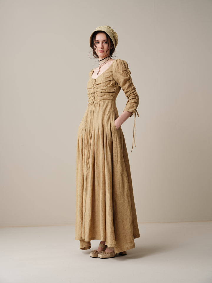 Emma 11 | Lace-Up Ruched Linen Maxi Dress