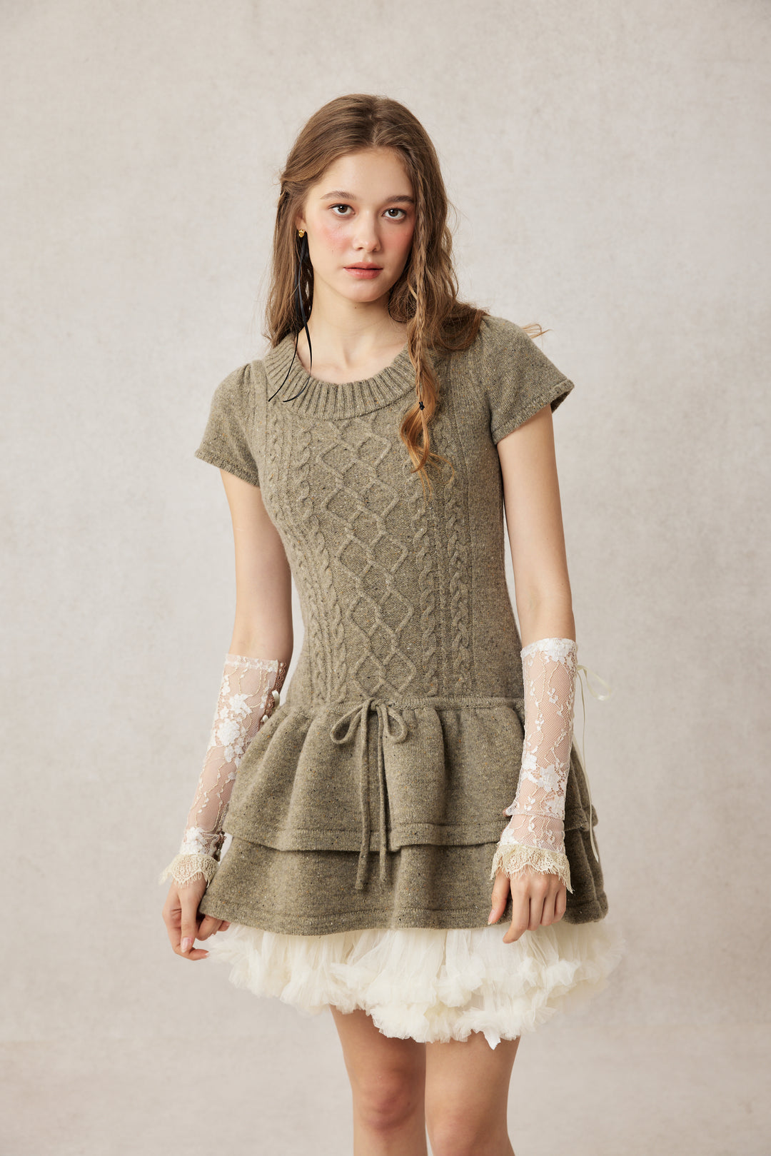 Lilypond 13 | 100% Wool Cable Knit Tiered Dress with scarf