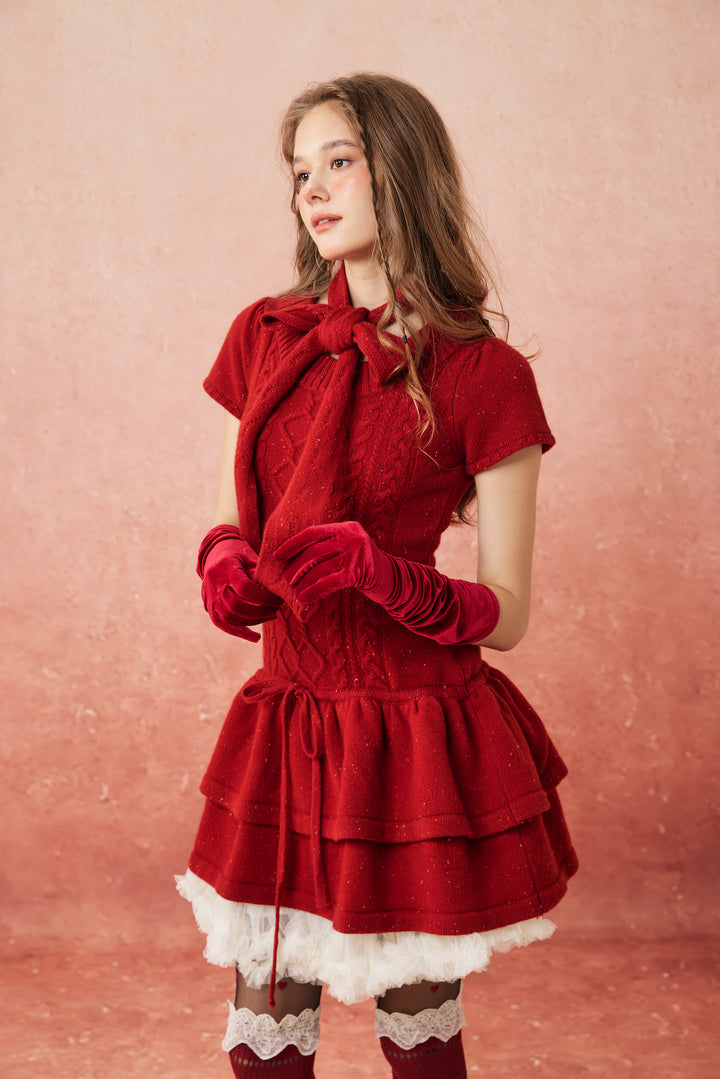 Lilypond 13 | 100% Wool Cable Knit Tiered Dress with scarf