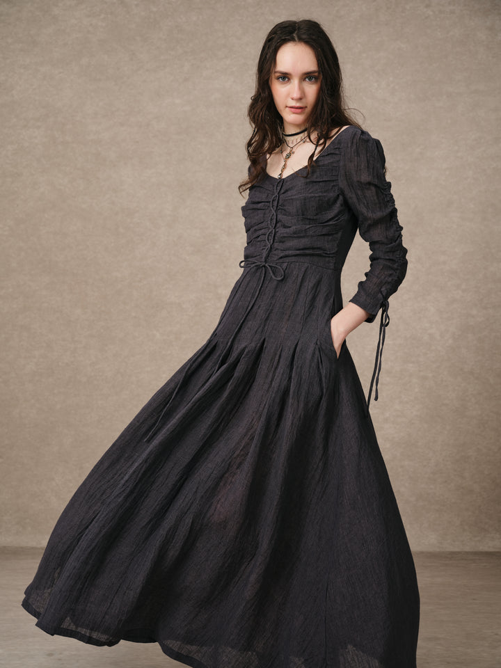 Emma 11 | Lace-Up Ruched Linen Maxi Dress