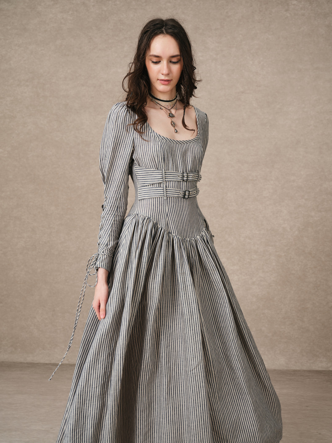 Clara 08 | Buckled Corset Striped Linen Dress