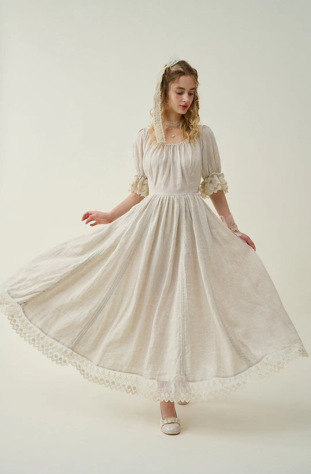 Elowen 27 | Lace Linen dress gown ( 2 way to wear ) Beige / M Elowen 27 | Lace Linen dress gown ( 2 way to wear ) Beige / M