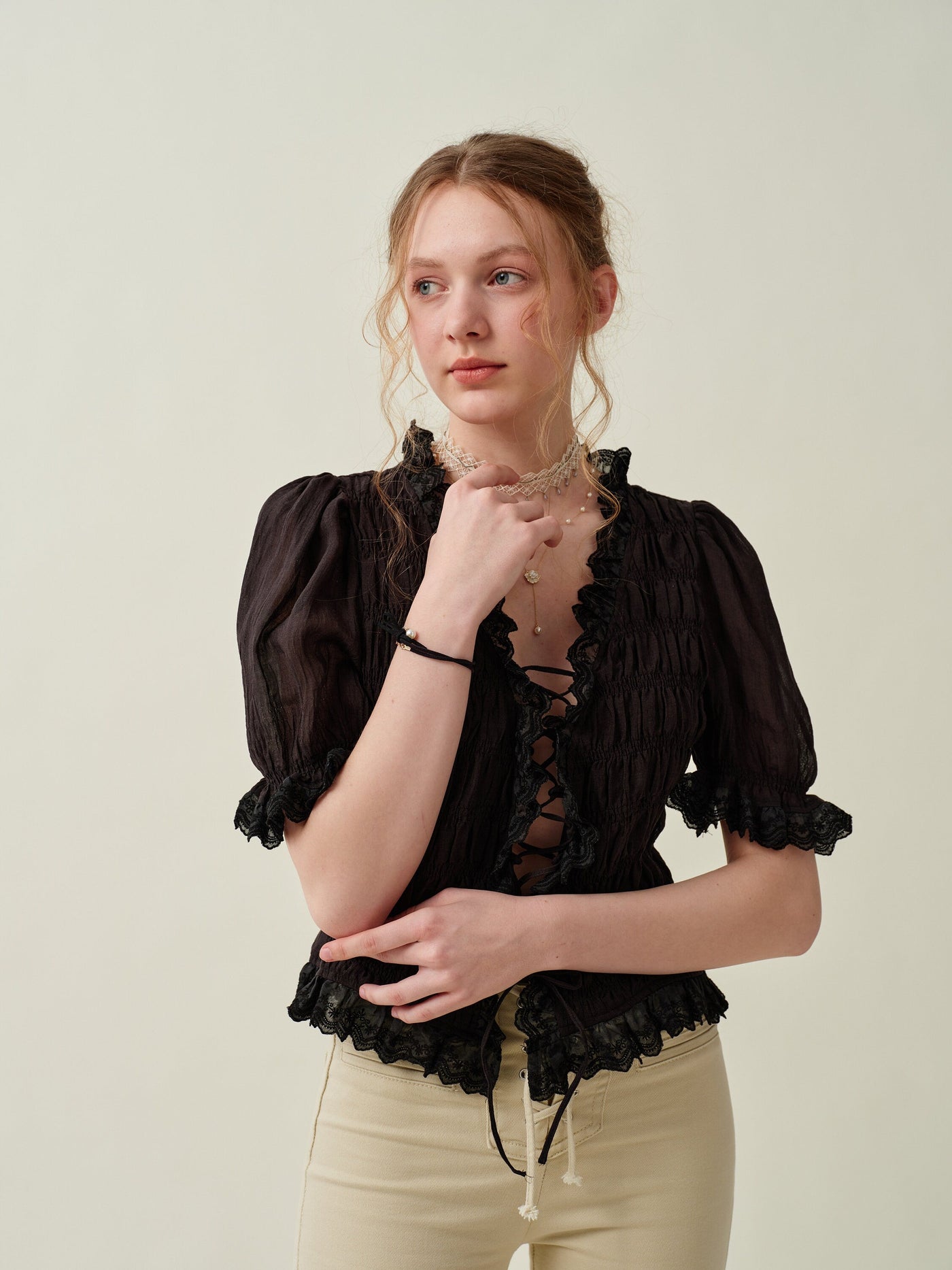 Luna 26 | lace up linen top blouse