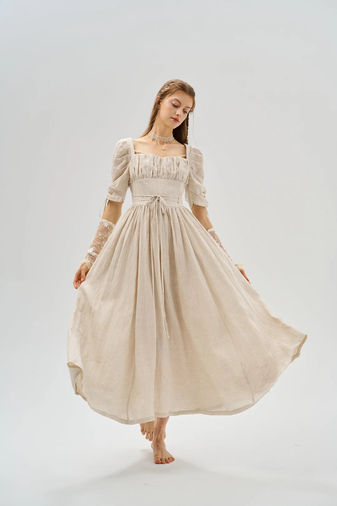 Monette 27 | Corset Linen Dress Taupe Stripe / XL Monette 27 | Corset Linen Dress Taupe Stripe / XL