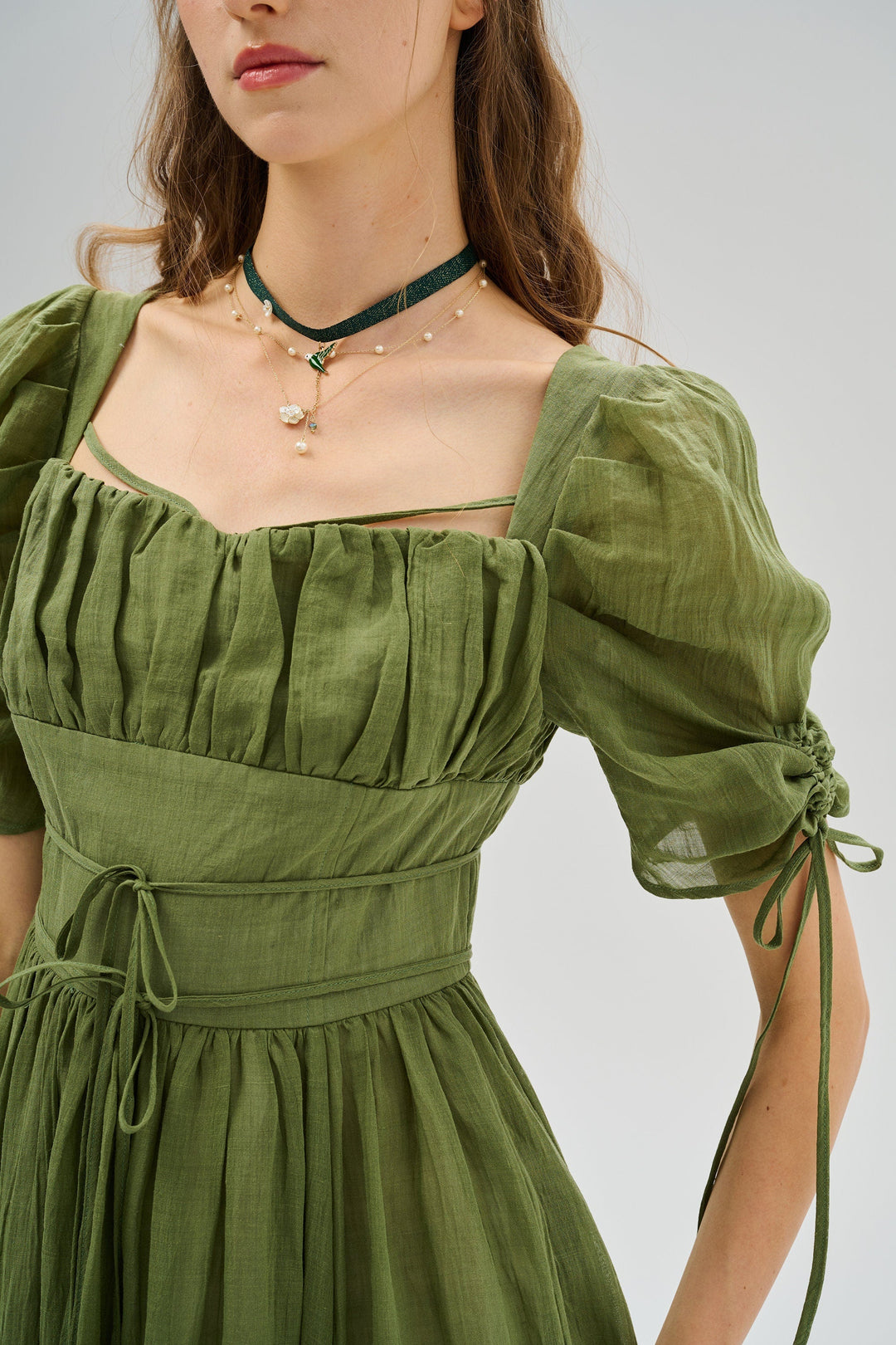 maeve puff sleeve corset linen midi dress Maeve Linen Blend Puff-Sleeve Sweetheart Midi Dress