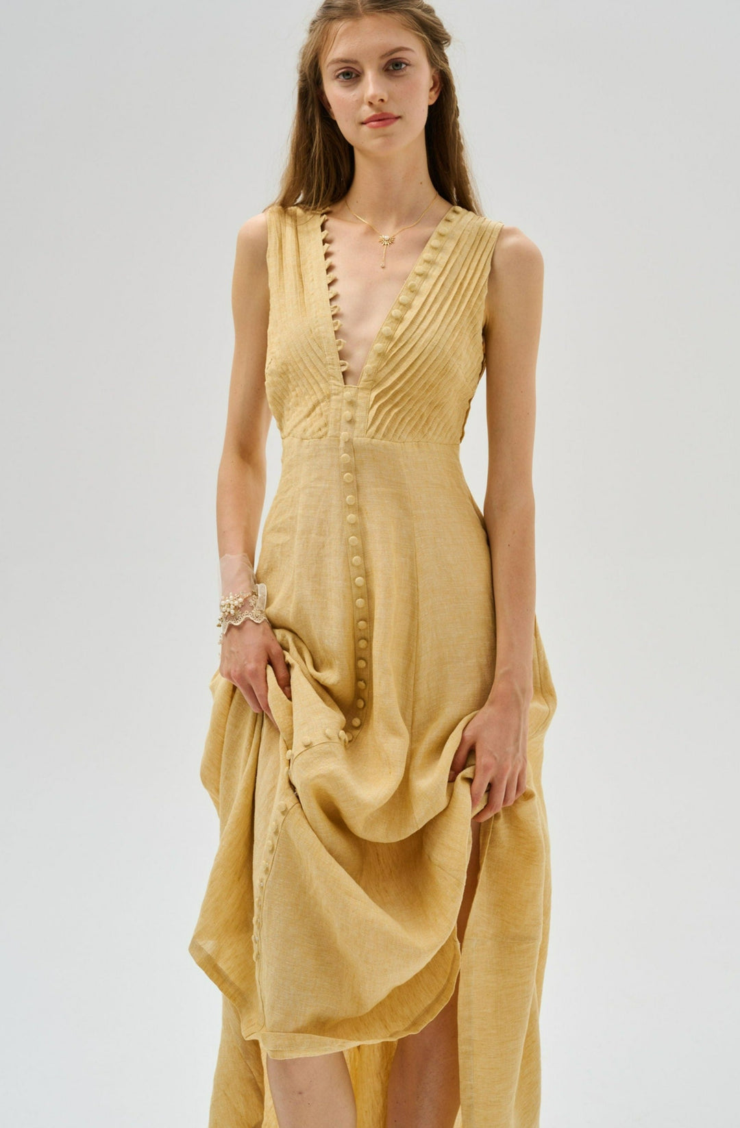 Rebecca 18 | Pleated Maxi Linen Dress Terracotta Paisley / XL Rebecca 18 | Pleated Maxi Linen Dress Terracotta Paisley / XL