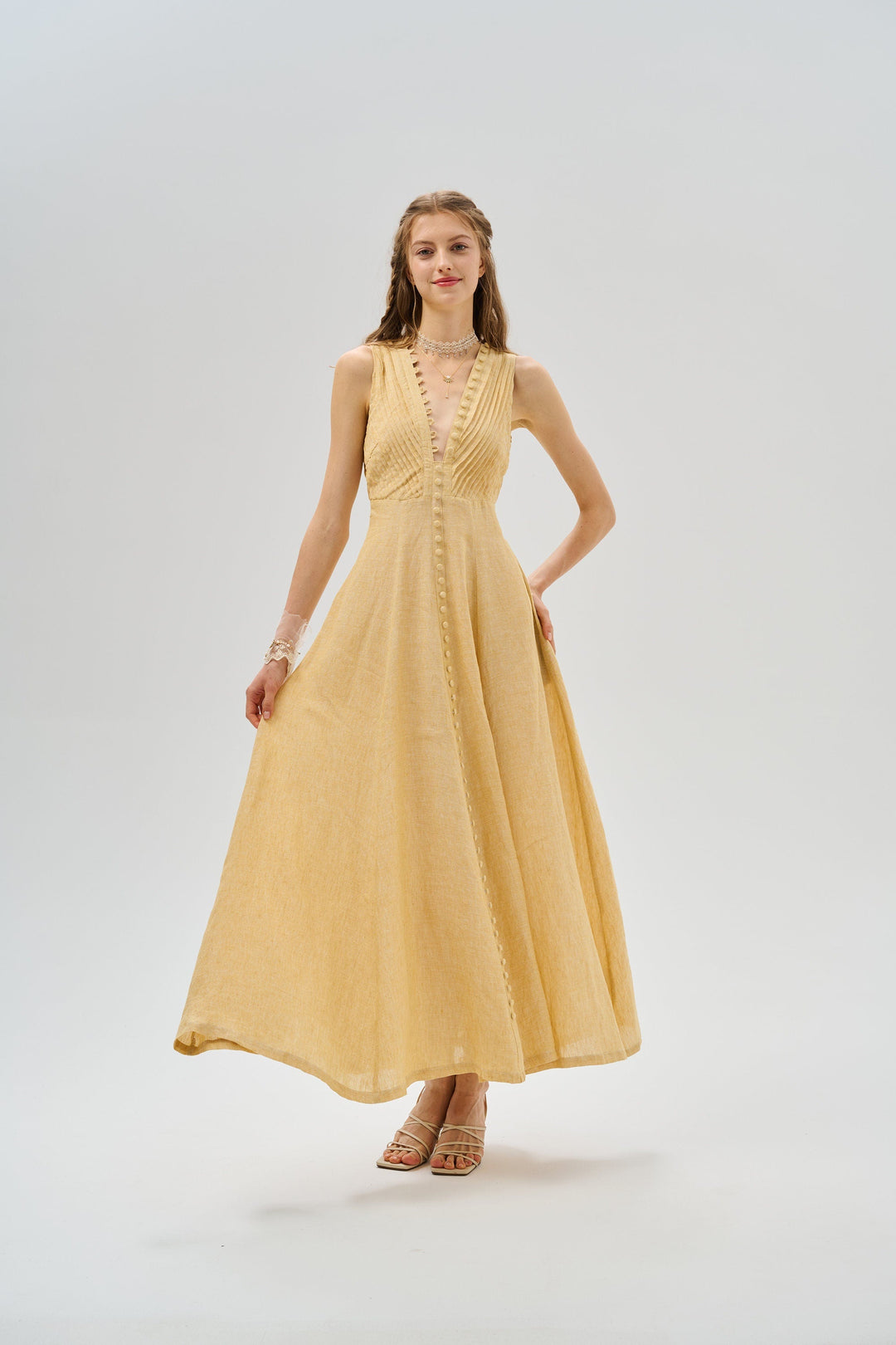 Rebecca 18 | Pleated Maxi Linen Dress Corn Yellow / XL Rebecca 18 | Pleated Maxi Linen Dress Corn Yellow / XL