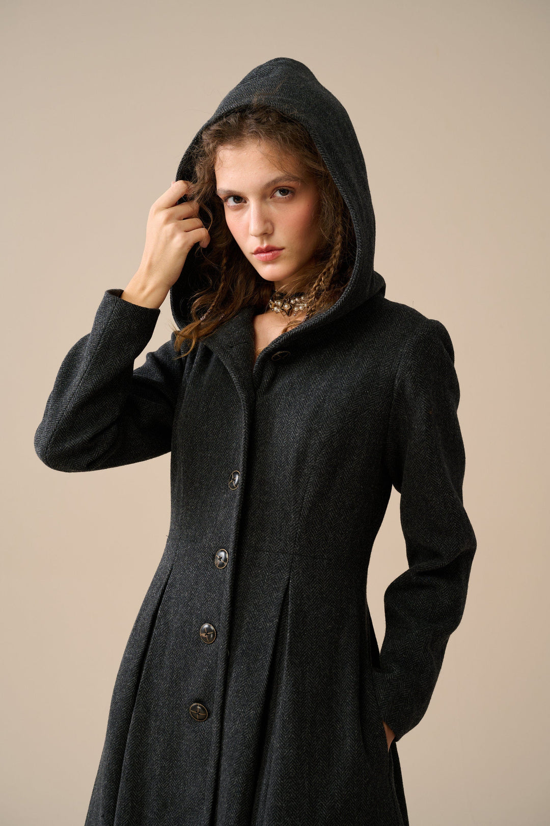 ladies dress coat with hood Elegant Black Wool Hooded Coat