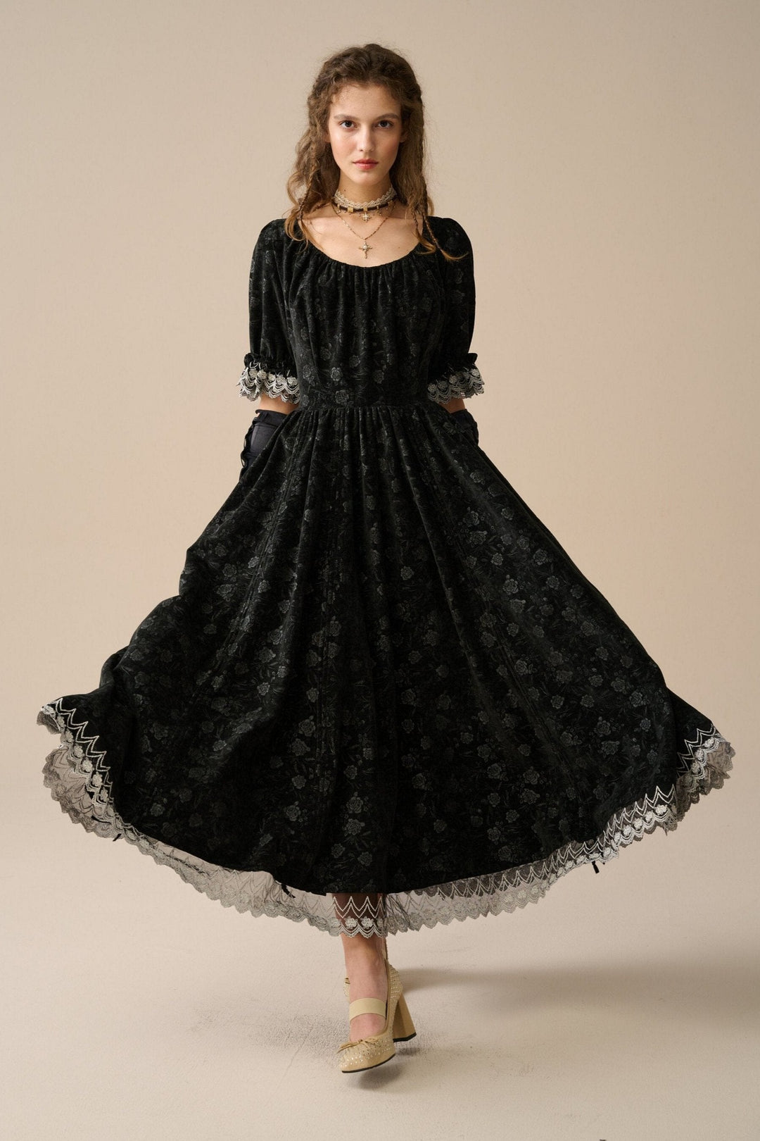 velvet dress lace BHLDN Mock-Neck Lace Stretch Velvet Maxi Dress