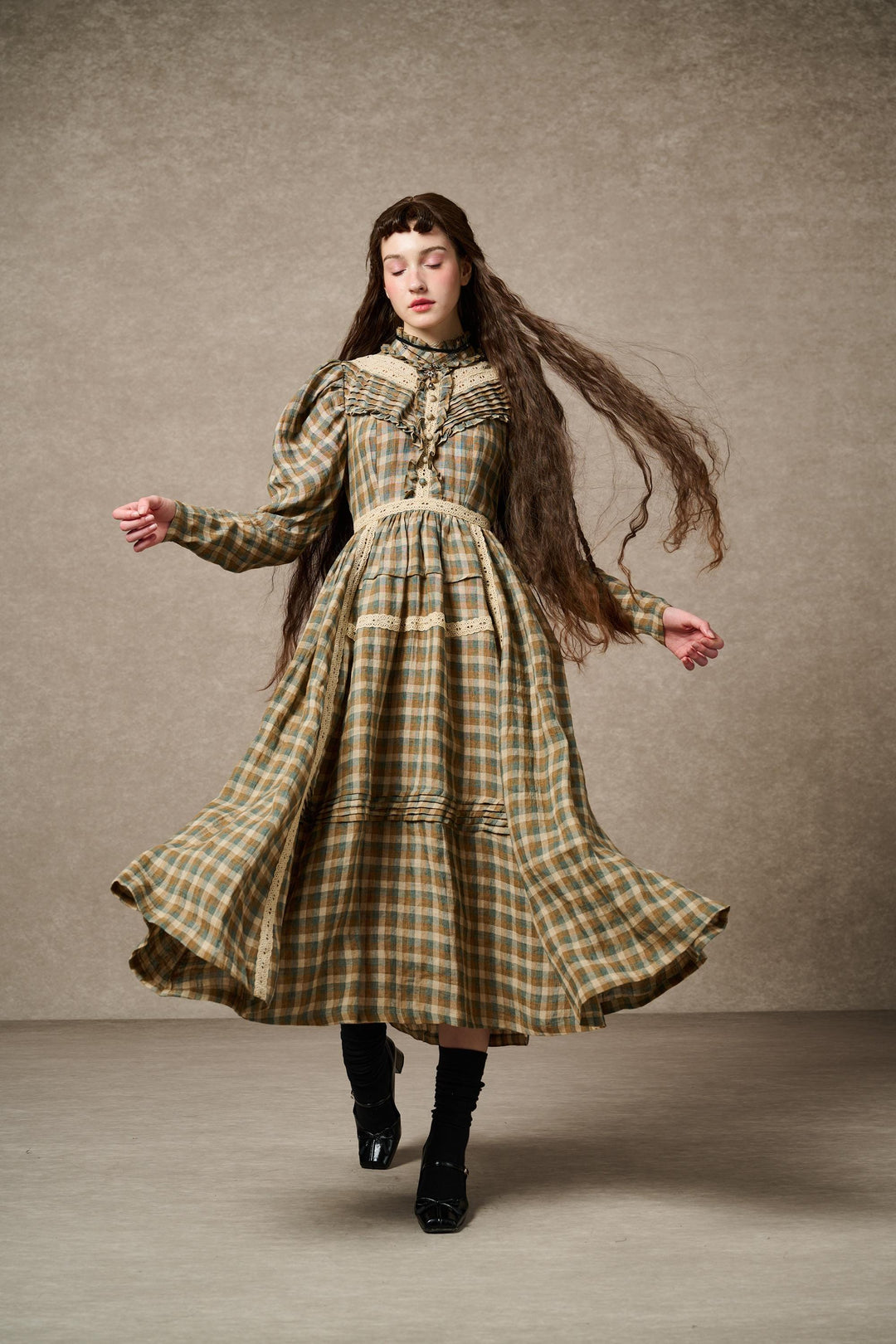 Casual Linen Maxi Dress Mary 18 Vintage Linen Dress Gown Green- Brown Plaid Xs Casual Linen Maxi Dress Mary 18 Vintage Linen Dress Gown Green- Brown Plaid Xs