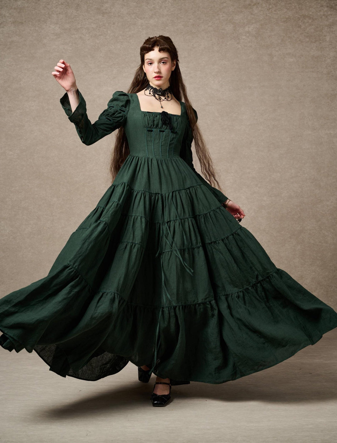 Queena 22 | Empired Maxi linen dress Dark forest green(Heavy weight) / S Queena 22 | Empired Maxi linen dress Dark forest green(Heavy weight) / S