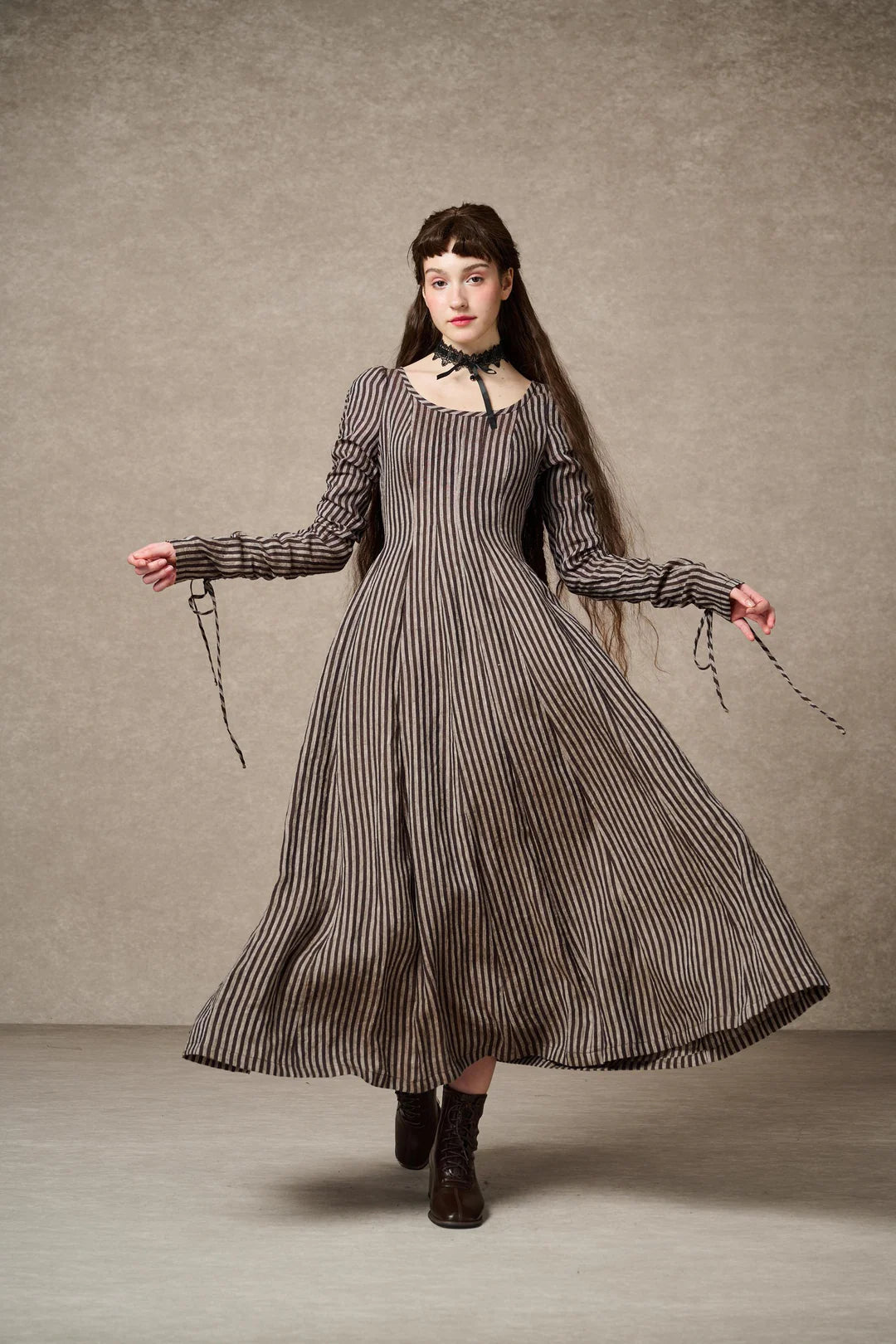 Crystal 17 | Victorian maxi linen Dress Dress / Brown stripes / M Crystal 17 | Victorian maxi linen Dress Dress / Brown stripes / M