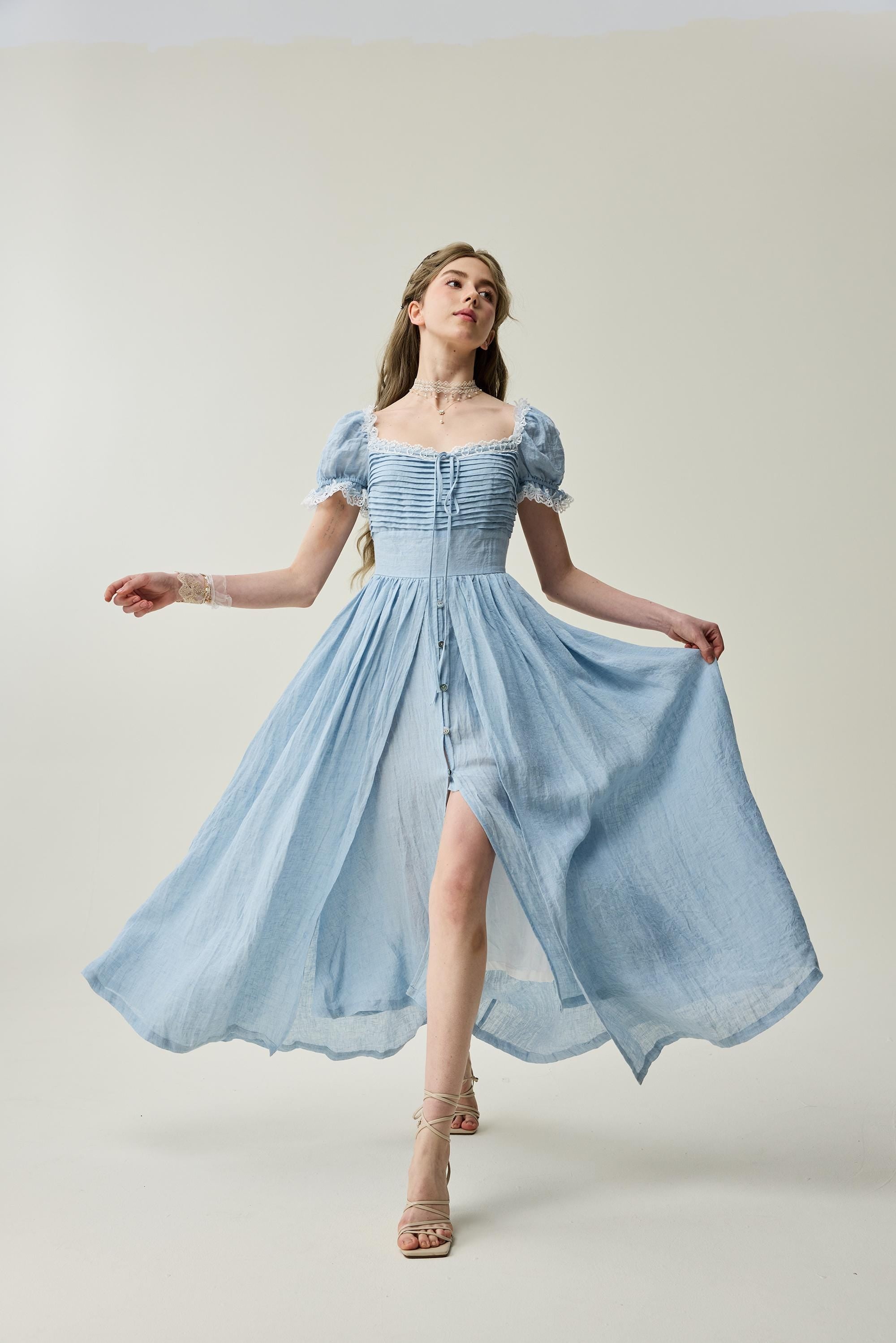 Monet Haze 26 | Fairy layered Linen Dress with pintucks – Linennaive